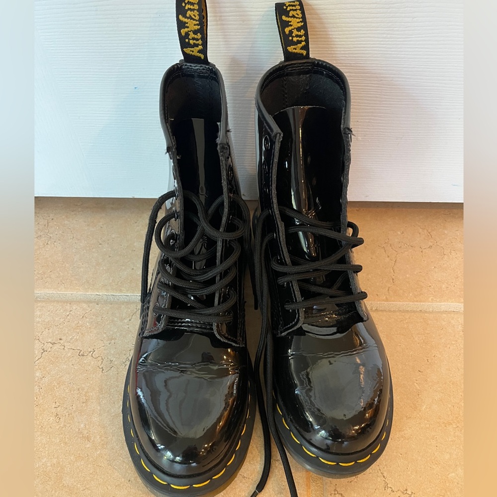Dr. Martens 11821 Black Patent Leather Boots with Yellow Stitching, 7